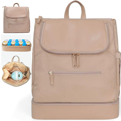 Diaper Bag Backpack - Large Baby Diaper Bag with 14 Pocket, Leather & Nylon Travel Diaper Backpack for Mom, Breast Pump Bag, Removable Cooler Compartment, Double Layer, Khaki