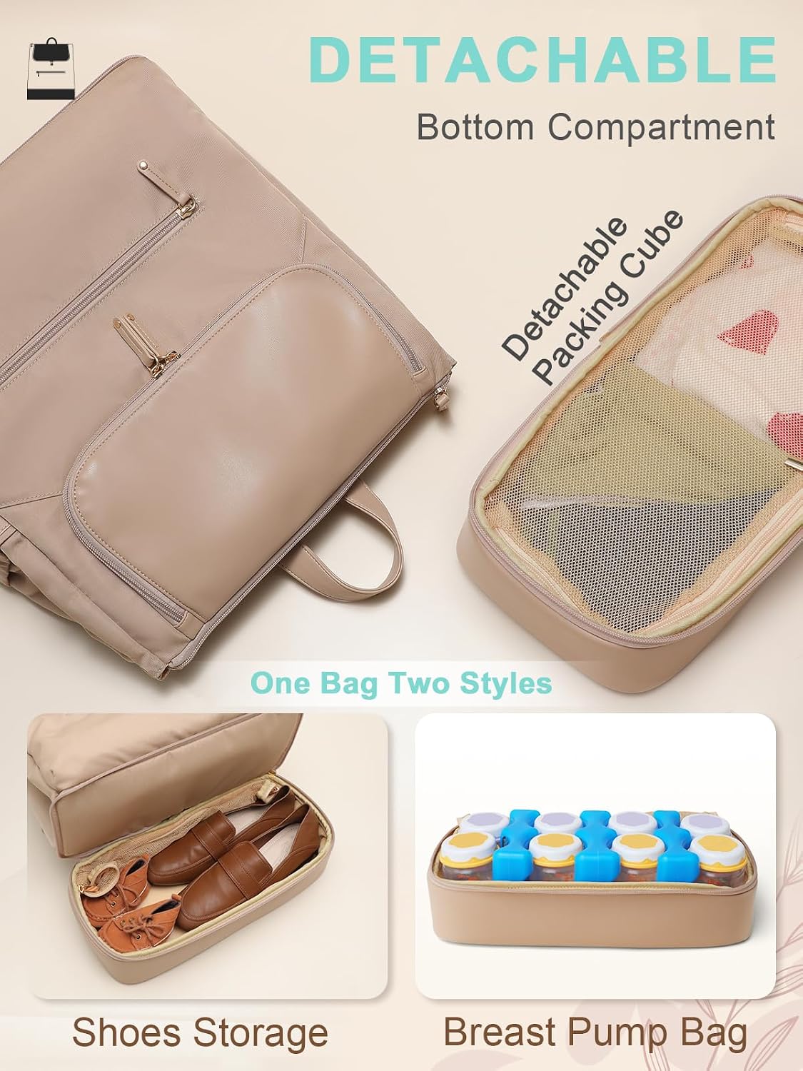 Diaper Bag Backpack - Large Baby Diaper Bag with 14 Pocket, Leather & Nylon Travel Diaper Backpack for Mom, Breast Pump Bag, Removable Cooler Compartment, Double Layer, Khaki