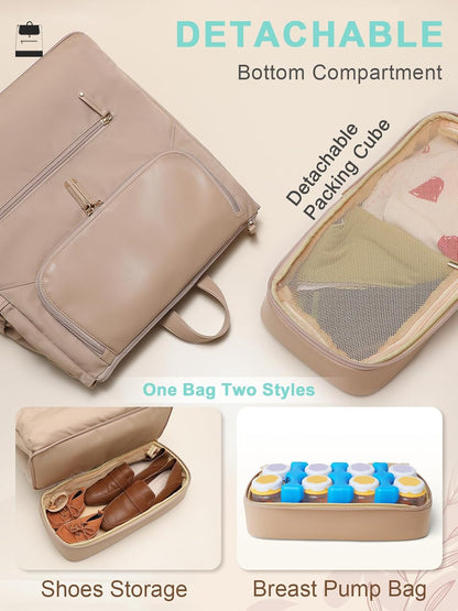 Diaper Bag Backpack - Large Baby Diaper Bag with 14 Pocket, Leather & Nylon Travel Diaper Backpack for Mom, Breast Pump Bag, Removable Cooler Compartment, Double Layer, Khaki