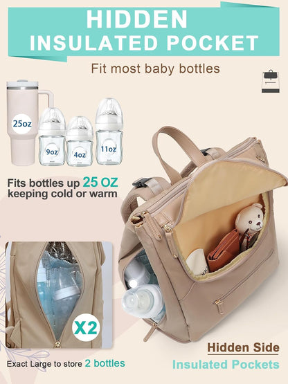 Diaper Bag Backpack - Large Baby Diaper Bag with 14 Pocket, Leather & Nylon Travel Diaper Backpack for Mom, Breast Pump Bag, Removable Cooler Compartment, Double Layer, Khaki