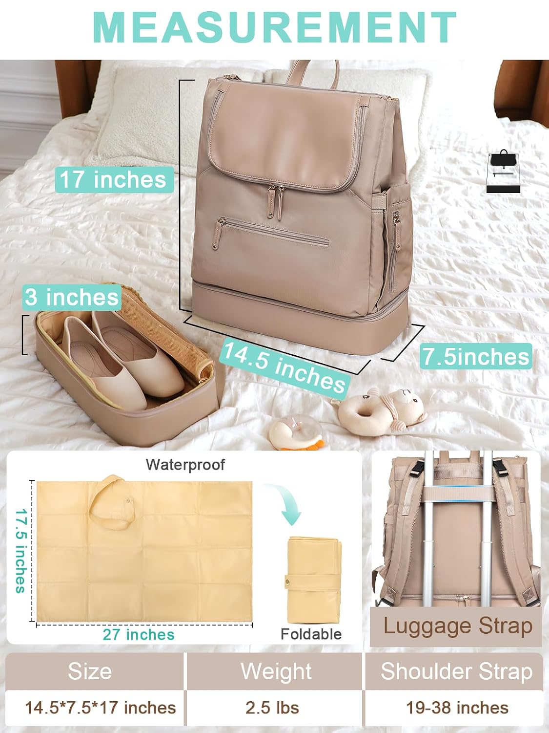 Diaper Bag Backpack - Large Baby Diaper Bag with 14 Pocket, Leather & Nylon Travel Diaper Backpack for Mom, Breast Pump Bag, Removable Cooler Compartment, Double Layer, Khaki