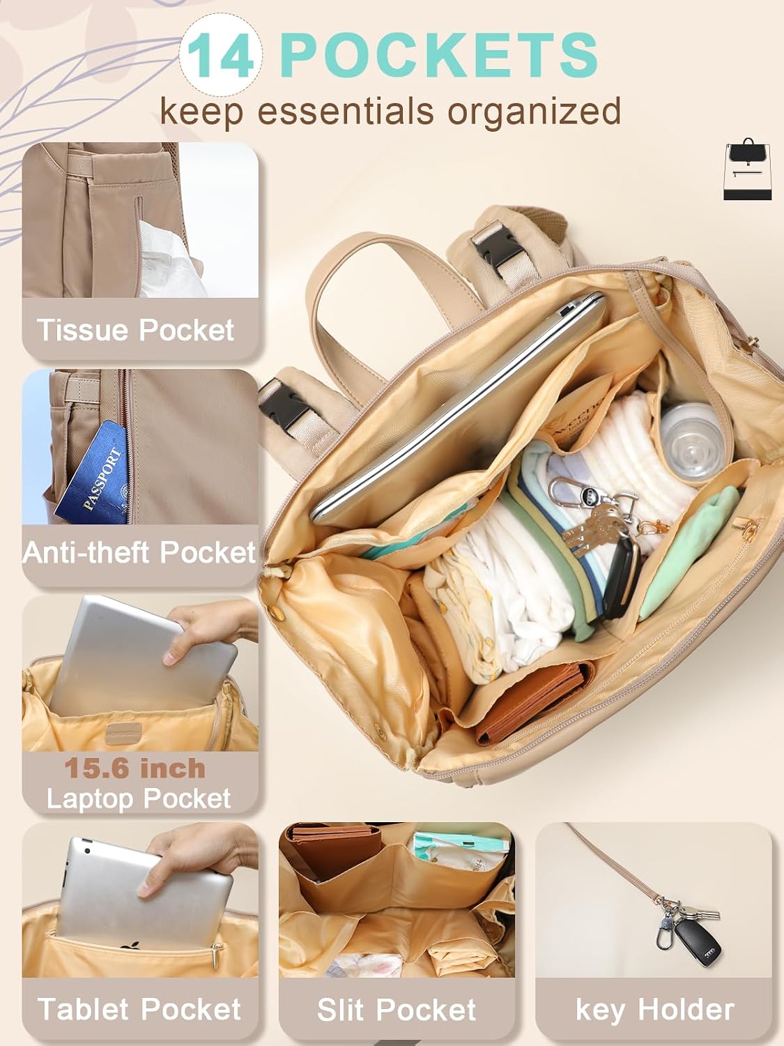Diaper Bag Backpack - Large Baby Diaper Bag with 14 Pocket, Leather & Nylon Travel Diaper Backpack for Mom, Breast Pump Bag, Removable Cooler Compartment, Double Layer, Khaki