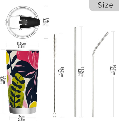 Bold Floral Stainless Steel coffee cup Leak Resistant Flip travel coffee mug for Home, Office or Car reusable 20oz