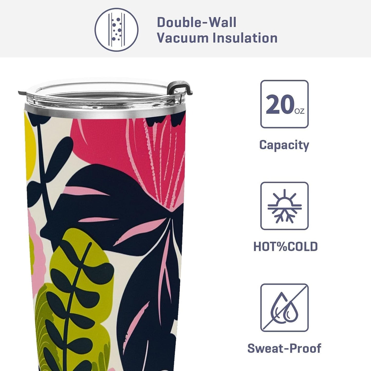 Bold Floral Stainless Steel coffee cup Leak Resistant Flip travel coffee mug for Home, Office or Car reusable 20oz