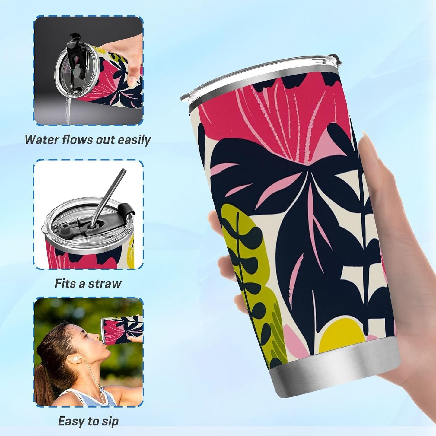 Bold Floral Stainless Steel coffee cup Leak Resistant Flip travel coffee mug for Home, Office or Car reusable 20oz