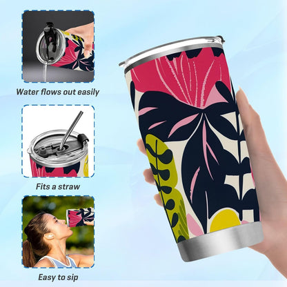 Bold Floral Stainless Steel coffee cup Leak Resistant Flip travel coffee mug for Home, Office or Car reusable 20oz
