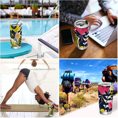 Bold Floral Stainless Steel coffee cup Leak Resistant Flip travel coffee mug for Home, Office or Car reusable 20oz