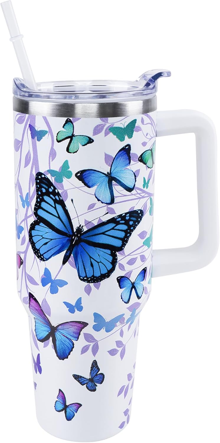 Butterfly Tumbler 40 oz Tumbler with Handle Straw Lid Leak Proof | Butterfly Coffee Travel Mug Insulated Hot Cold Ice Christmas Mothers Day Birthday Gifts for Women Cup