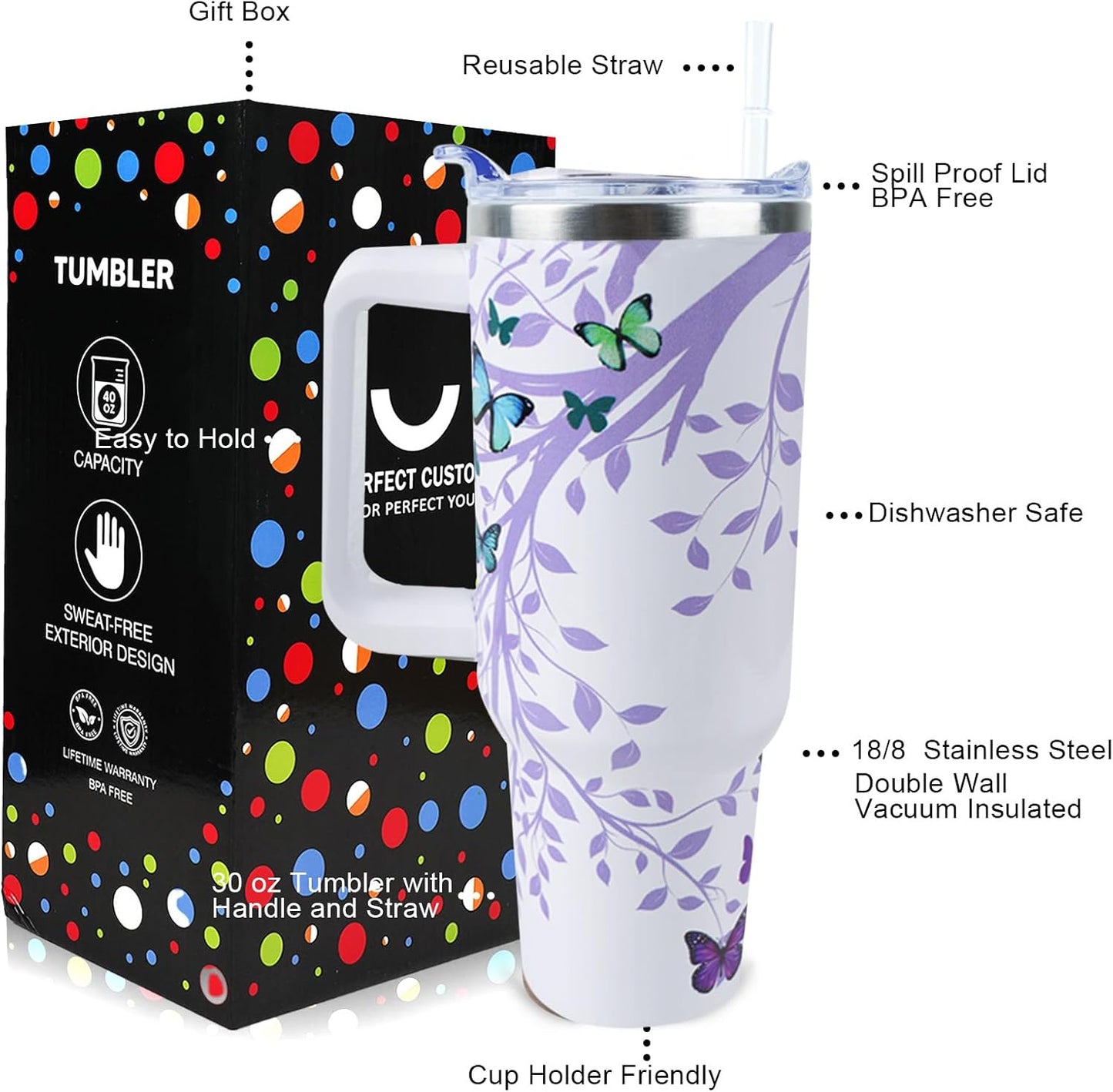Butterfly Tumbler 40 oz Tumbler with Handle Straw Lid Leak Proof | Butterfly Coffee Travel Mug Insulated Hot Cold Ice Christmas Mothers Day Birthday Gifts for Women Cup