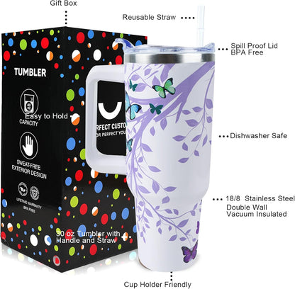 Butterfly Tumbler 40 oz Tumbler with Handle Straw Lid Leak Proof | Butterfly Coffee Travel Mug Insulated Hot Cold Ice Christmas Mothers Day Birthday Gifts for Women Cup