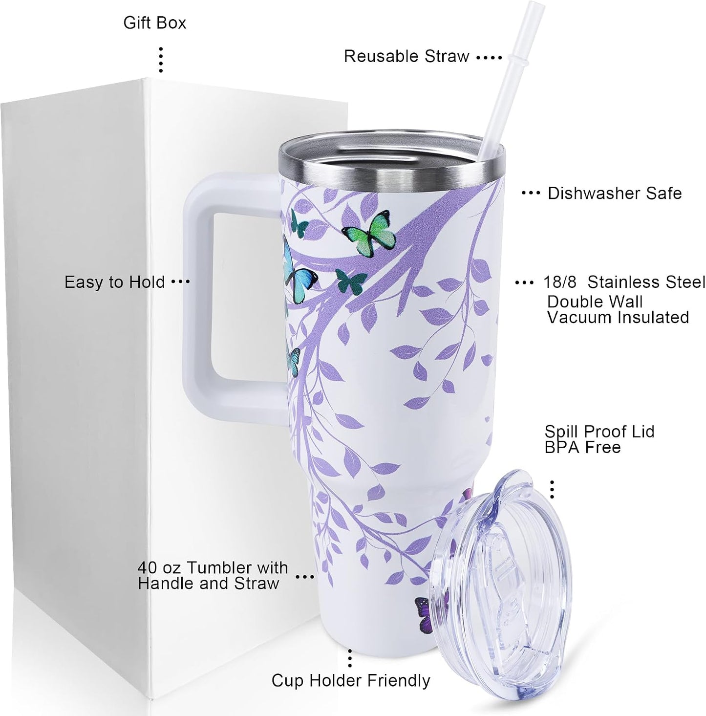 Butterfly Tumbler 40 oz Tumbler with Handle Straw Lid Leak Proof | Butterfly Coffee Travel Mug Insulated Hot Cold Ice Christmas Mothers Day Birthday Gifts for Women Cup