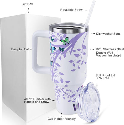 Butterfly Tumbler 40 oz Tumbler with Handle Straw Lid Leak Proof | Butterfly Coffee Travel Mug Insulated Hot Cold Ice Christmas Mothers Day Birthday Gifts for Women Cup