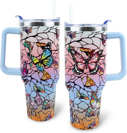 Butterfly Tumbler 40 oz Tumbler with Handle Straw Lid Leak Proof | Butterfly Coffee Travel Mug Insulated Hot Cold Ice Christmas Mothers Day Birthday Gifts for Women Cup