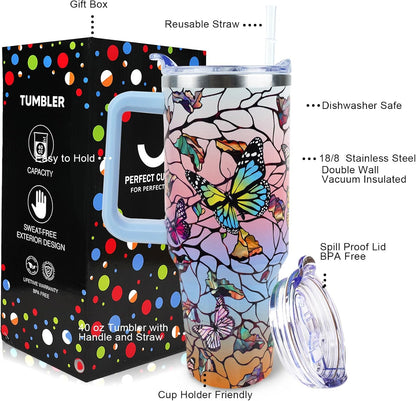 Butterfly Tumbler 40 oz Tumbler with Handle Straw Lid Leak Proof | Butterfly Coffee Travel Mug Insulated Hot Cold Ice Christmas Mothers Day Birthday Gifts for Women Cup