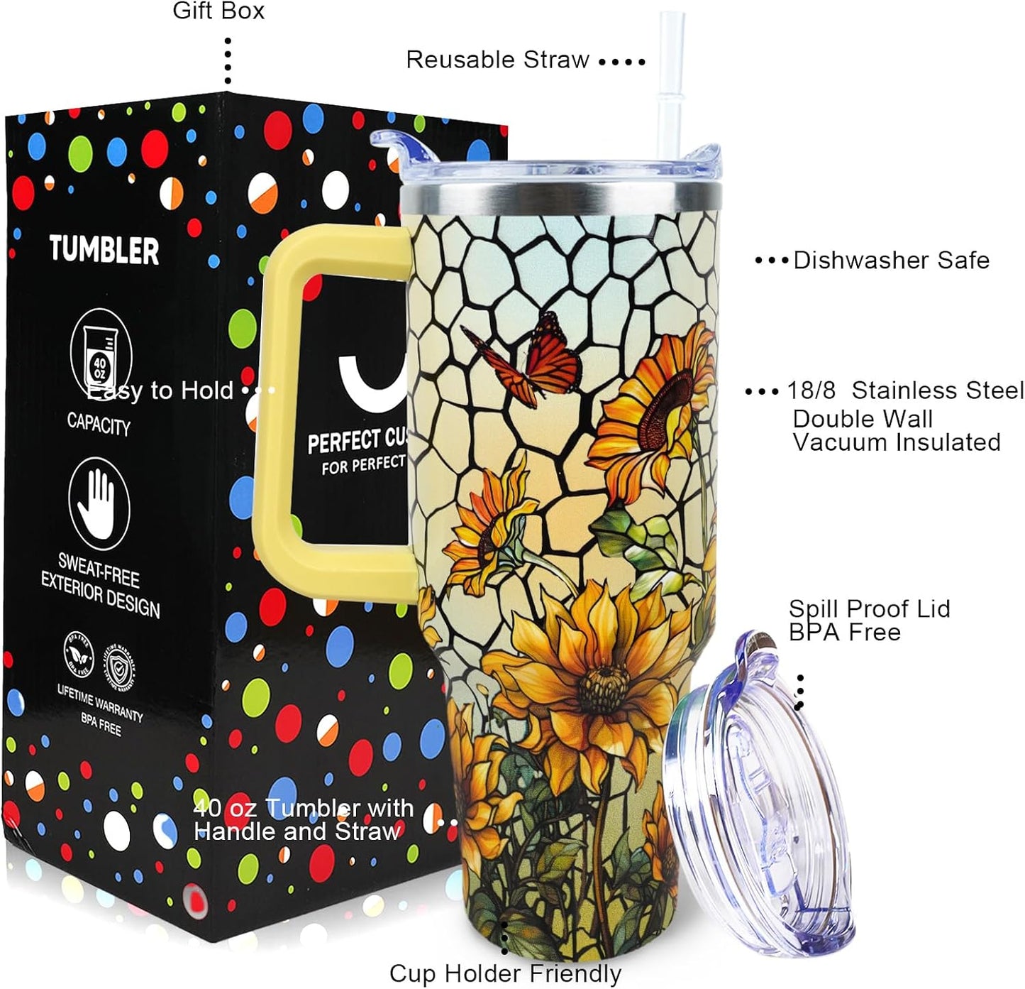 Butterfly Tumbler 40 oz Tumbler with Handle Straw Lid Leak Proof | Butterfly Coffee Travel Mug Insulated Hot Cold Ice Christmas Mothers Day Birthday Gifts for Women Cup