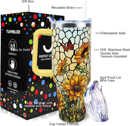 Butterfly Tumbler 40 oz Tumbler with Handle Straw Lid Leak Proof | Butterfly Coffee Travel Mug Insulated Hot Cold Ice Christmas Mothers Day Birthday Gifts for Women Cup