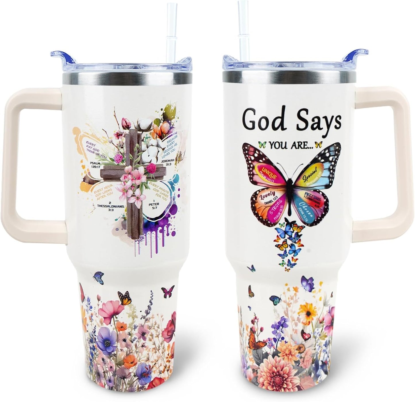 Butterfly Tumbler 40 oz Tumbler with Handle Straw Lid Leak Proof | Butterfly Coffee Travel Mug Insulated Hot Cold Ice Christmas Mothers Day Birthday Gifts for Women Cup