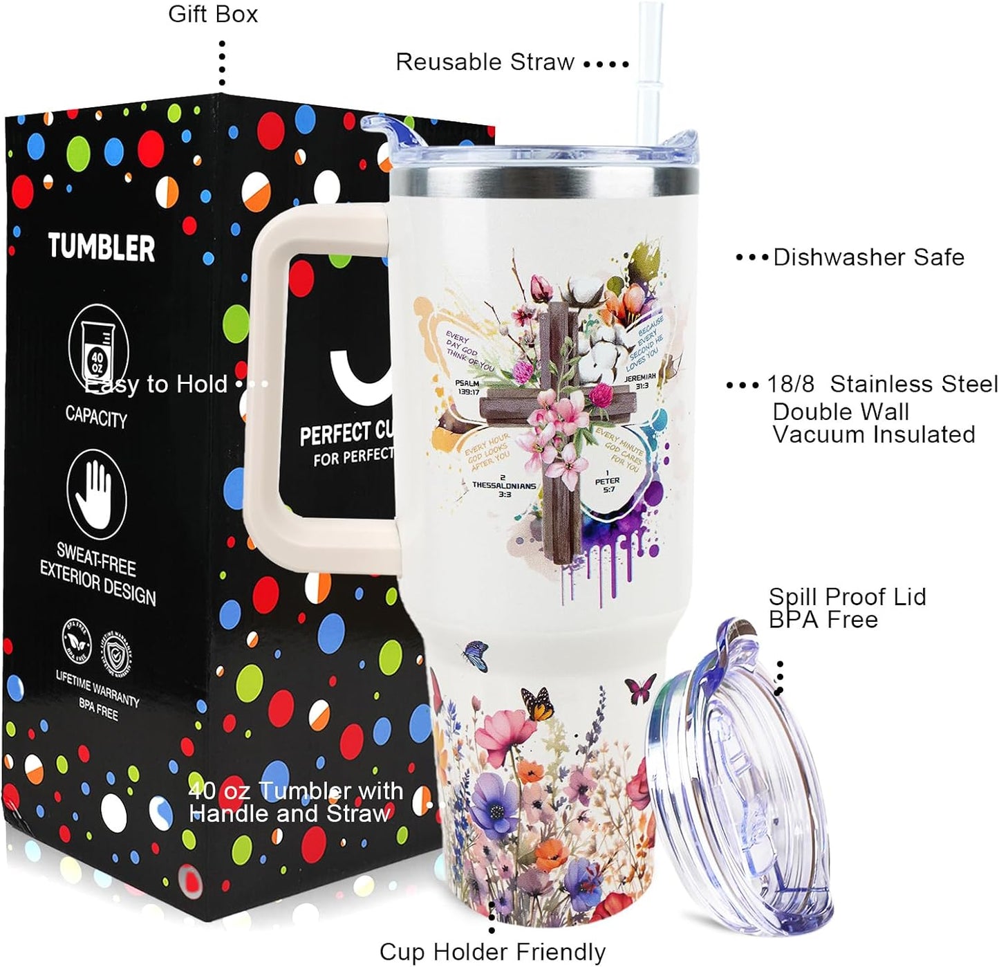 Butterfly Tumbler 40 oz Tumbler with Handle Straw Lid Leak Proof | Butterfly Coffee Travel Mug Insulated Hot Cold Ice Christmas Mothers Day Birthday Gifts for Women Cup