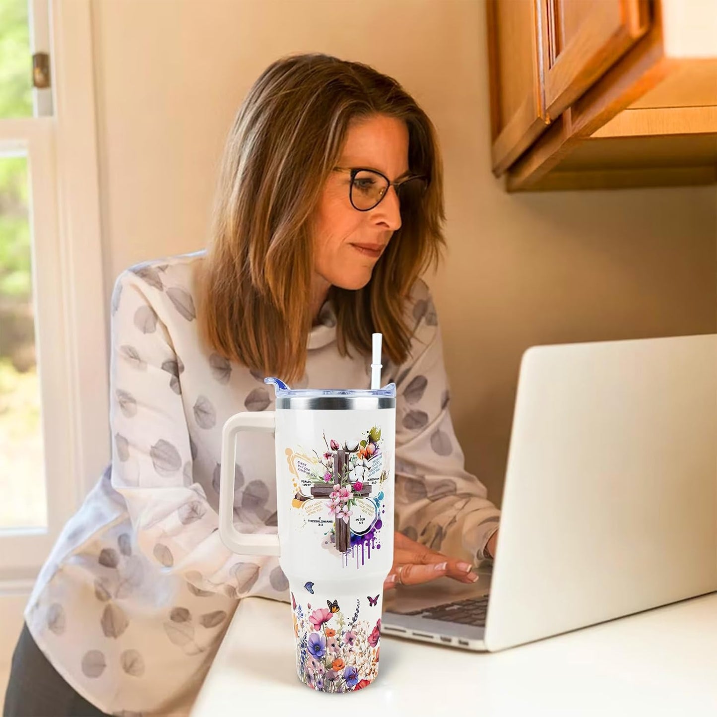 Butterfly Tumbler 40 oz Tumbler with Handle Straw Lid Leak Proof | Butterfly Coffee Travel Mug Insulated Hot Cold Ice Christmas Mothers Day Birthday Gifts for Women Cup
