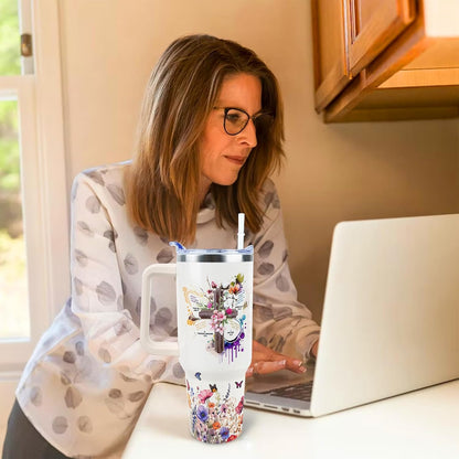 Butterfly Tumbler 40 oz Tumbler with Handle Straw Lid Leak Proof | Butterfly Coffee Travel Mug Insulated Hot Cold Ice Christmas Mothers Day Birthday Gifts for Women Cup