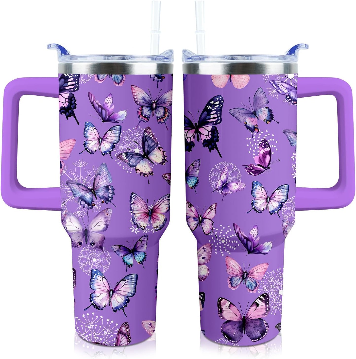 Butterfly Tumbler 40 oz Tumbler with Handle Straw Lid Leak Proof | Butterfly Coffee Travel Mug Insulated Hot Cold Ice Christmas Mothers Day Birthday Gifts for Women Cup