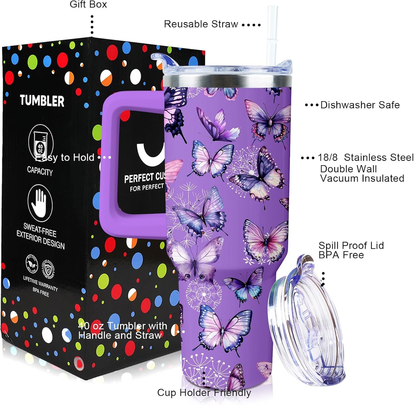 Butterfly Tumbler 40 oz Tumbler with Handle Straw Lid Leak Proof | Butterfly Coffee Travel Mug Insulated Hot Cold Ice Christmas Mothers Day Birthday Gifts for Women Cup