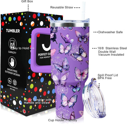Butterfly Tumbler 40 oz Tumbler with Handle Straw Lid Leak Proof | Butterfly Coffee Travel Mug Insulated Hot Cold Ice Christmas Mothers Day Birthday Gifts for Women Cup
