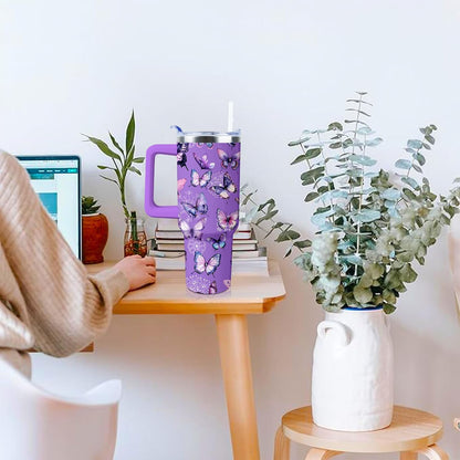 Butterfly Tumbler 40 oz Tumbler with Handle Straw Lid Leak Proof | Butterfly Coffee Travel Mug Insulated Hot Cold Ice Christmas Mothers Day Birthday Gifts for Women Cup