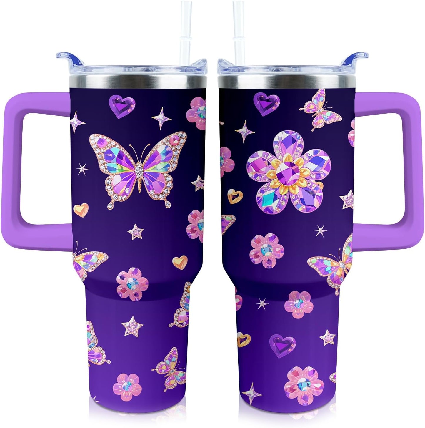 Butterfly Tumbler 40 oz Tumbler with Handle Straw Lid Leak Proof | Butterfly Coffee Travel Mug Insulated Hot Cold Ice Christmas Mothers Day Birthday Gifts for Women Cup