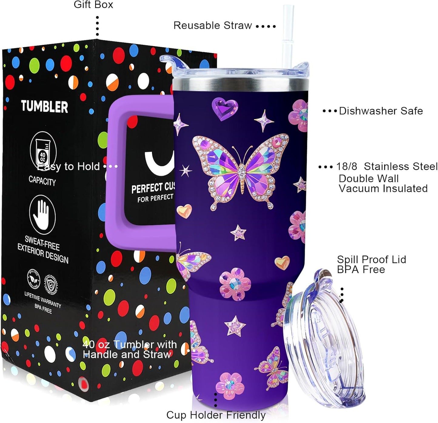 Butterfly Tumbler 40 oz Tumbler with Handle Straw Lid Leak Proof | Butterfly Coffee Travel Mug Insulated Hot Cold Ice Christmas Mothers Day Birthday Gifts for Women Cup