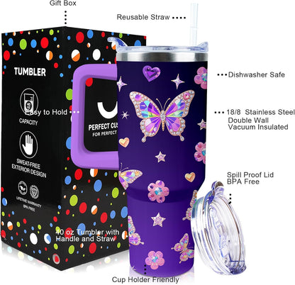 Butterfly Tumbler 40 oz Tumbler with Handle Straw Lid Leak Proof | Butterfly Coffee Travel Mug Insulated Hot Cold Ice Christmas Mothers Day Birthday Gifts for Women Cup