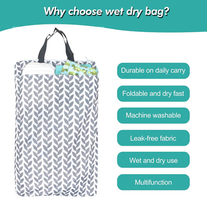 Reusable Hanging Wet Dry Cloth Diaper Bag (Grey Leaf, Grey)