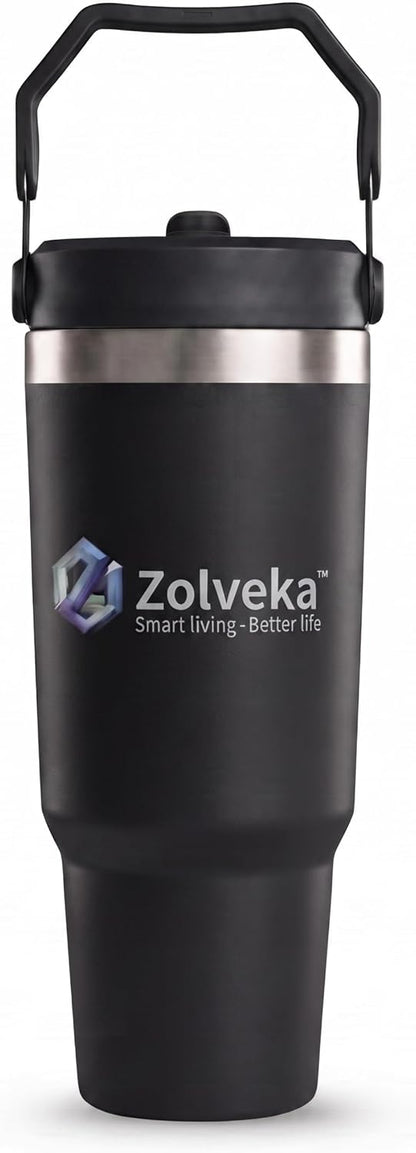 30oz Insulated Tumbler with Handle and Flip Straw – 100% Leakproof Stainless Steel Travel Mug for Car, Coffee & Gym, BPA-Free.