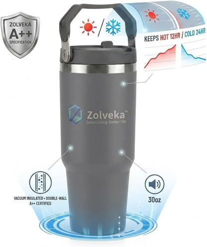 30oz Insulated Tumbler with Handle and Flip Straw – 100% Leakproof Stainless Steel Travel Mug for Car, Coffee & Gym, BPA-Free.