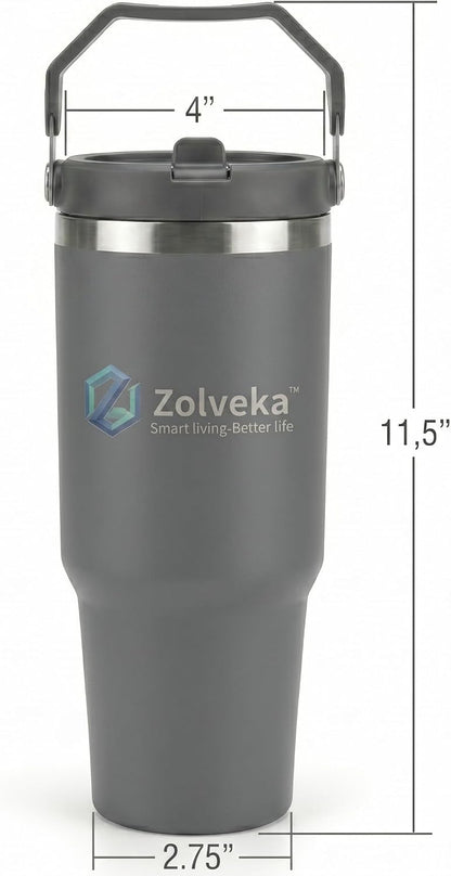 30oz Insulated Tumbler with Handle and Flip Straw – 100% Leakproof Stainless Steel Travel Mug for Car, Coffee & Gym, BPA-Free.