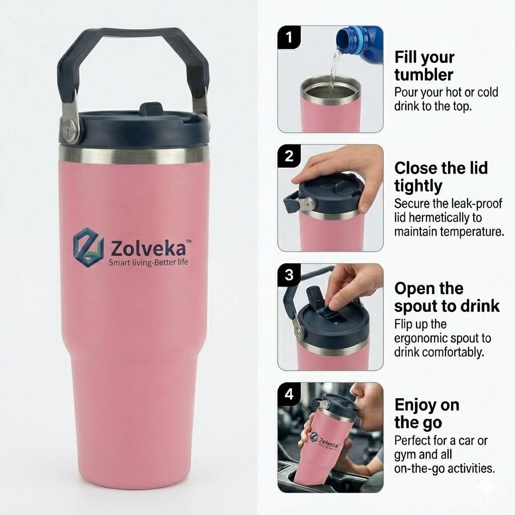 30oz Insulated Tumbler with Handle and Flip Straw – 100% Leakproof Stainless Steel Travel Mug for Car, Coffee & Gym, BPA-Free.