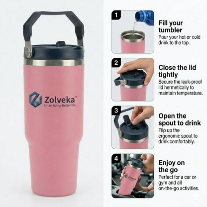 30oz Insulated Tumbler with Handle and Flip Straw – 100% Leakproof Stainless Steel Travel Mug for Car, Coffee & Gym, BPA-Free.