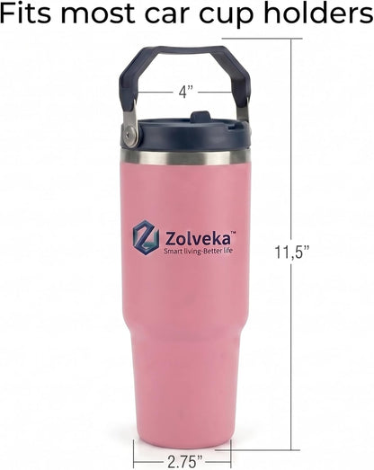 30oz Insulated Tumbler with Handle and Flip Straw – 100% Leakproof Stainless Steel Travel Mug for Car, Coffee & Gym, BPA-Free.