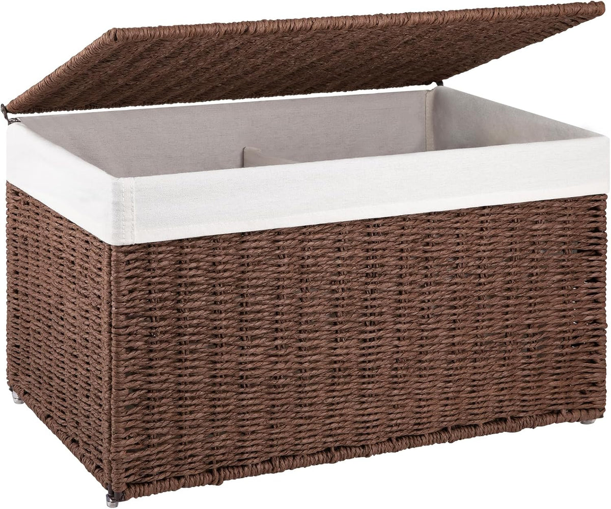 OIAHOMY Storage Basket with Lid, 27.7 Gallon (105L) Blanket Basket with Removable Separated Liner Bag, Paper Rope Hamper with Handle, Foldable, Shelf Basket for Living Room, Grey
