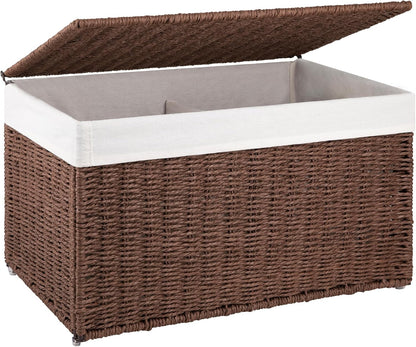 OIAHOMY Storage Basket with Lid, 27.7 Gallon (105L) Blanket Basket with Removable Separated Liner Bag, Paper Rope Hamper with Handle, Foldable, Shelf Basket for Living Room, Grey
