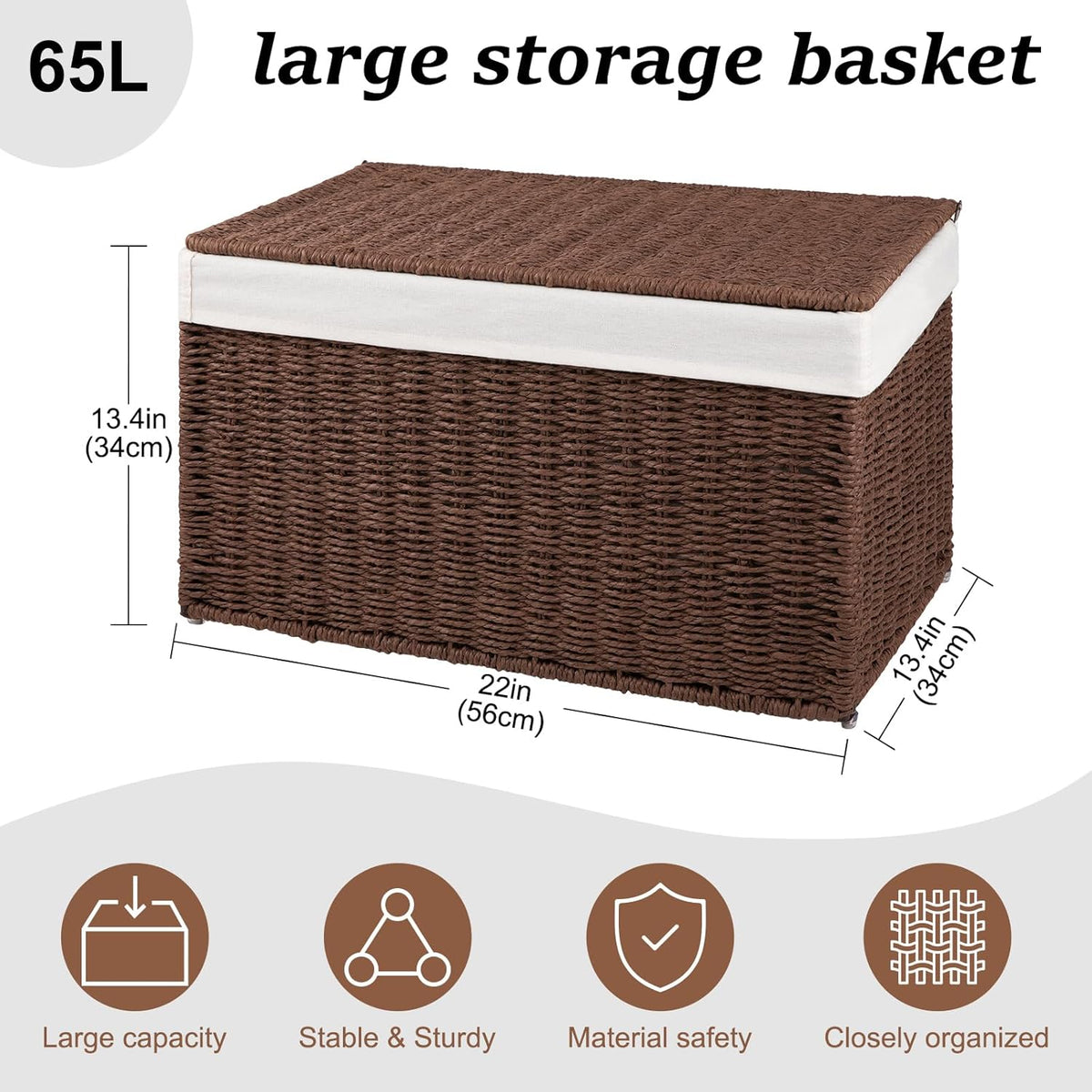 OIAHOMY Storage Basket with Lid, 27.7 Gallon (105L) Blanket Basket with Removable Separated Liner Bag, Paper Rope Hamper with Handle, Foldable, Shelf Basket for Living Room, Grey