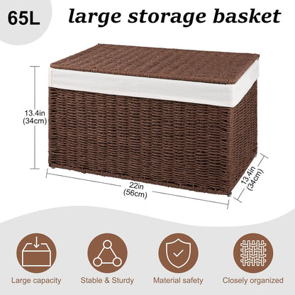 OIAHOMY Storage Basket with Lid, 27.7 Gallon (105L) Blanket Basket with Removable Separated Liner Bag, Paper Rope Hamper with Handle, Foldable, Shelf Basket for Living Room, Grey