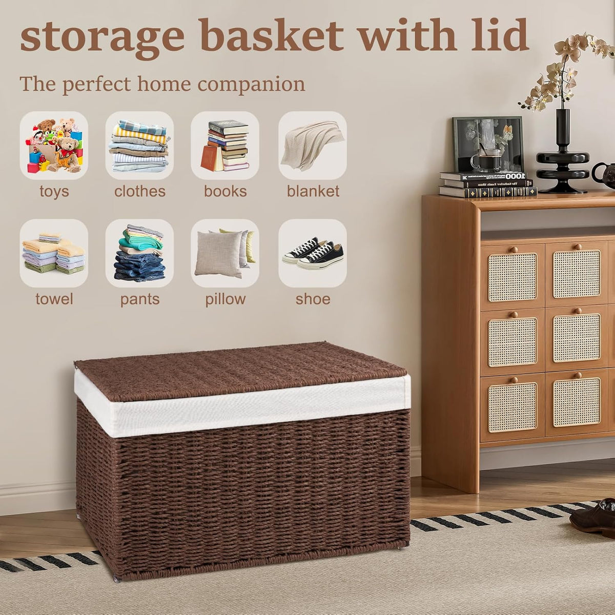 OIAHOMY Storage Basket with Lid, 27.7 Gallon (105L) Blanket Basket with Removable Separated Liner Bag, Paper Rope Hamper with Handle, Foldable, Shelf Basket for Living Room, Grey