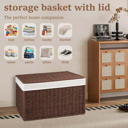 OIAHOMY Storage Basket with Lid, 27.7 Gallon (105L) Blanket Basket with Removable Separated Liner Bag, Paper Rope Hamper with Handle, Foldable, Shelf Basket for Living Room, Grey