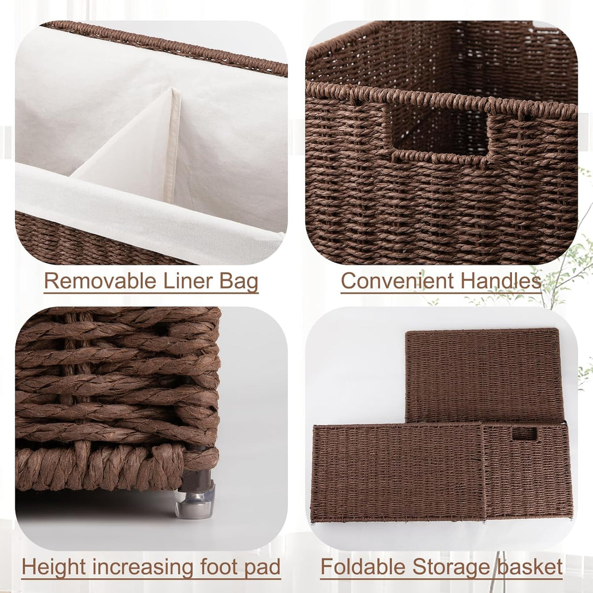 OIAHOMY Storage Basket with Lid, 27.7 Gallon (105L) Blanket Basket with Removable Separated Liner Bag, Paper Rope Hamper with Handle, Foldable, Shelf Basket for Living Room, Grey