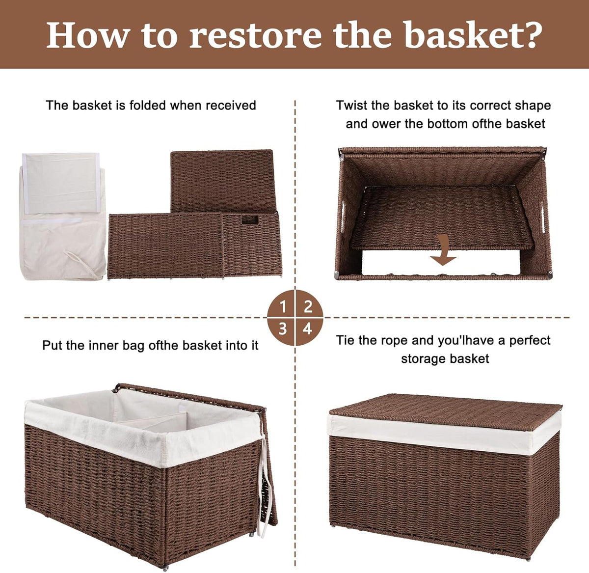 OIAHOMY Storage Basket with Lid, 27.7 Gallon (105L) Blanket Basket with Removable Separated Liner Bag, Paper Rope Hamper with Handle, Foldable, Shelf Basket for Living Room, Grey