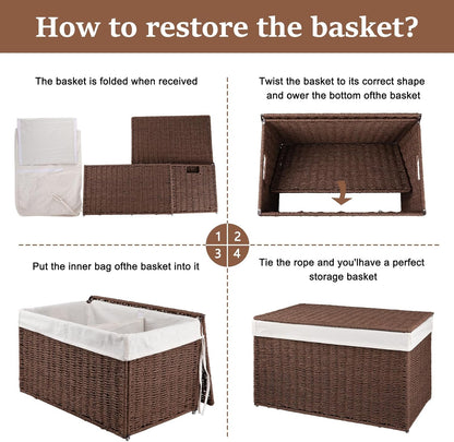 OIAHOMY Storage Basket with Lid, 27.7 Gallon (105L) Blanket Basket with Removable Separated Liner Bag, Paper Rope Hamper with Handle, Foldable, Shelf Basket for Living Room, Grey