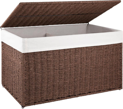 OIAHOMY Storage Basket with Lid, 27.7 Gallon (105L) Blanket Basket with Removable Separated Liner Bag, Paper Rope Hamper with Handle, Foldable, Shelf Basket for Living Room, Grey