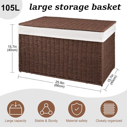 OIAHOMY Storage Basket with Lid, 27.7 Gallon (105L) Blanket Basket with Removable Separated Liner Bag, Paper Rope Hamper with Handle, Foldable, Shelf Basket for Living Room, Grey