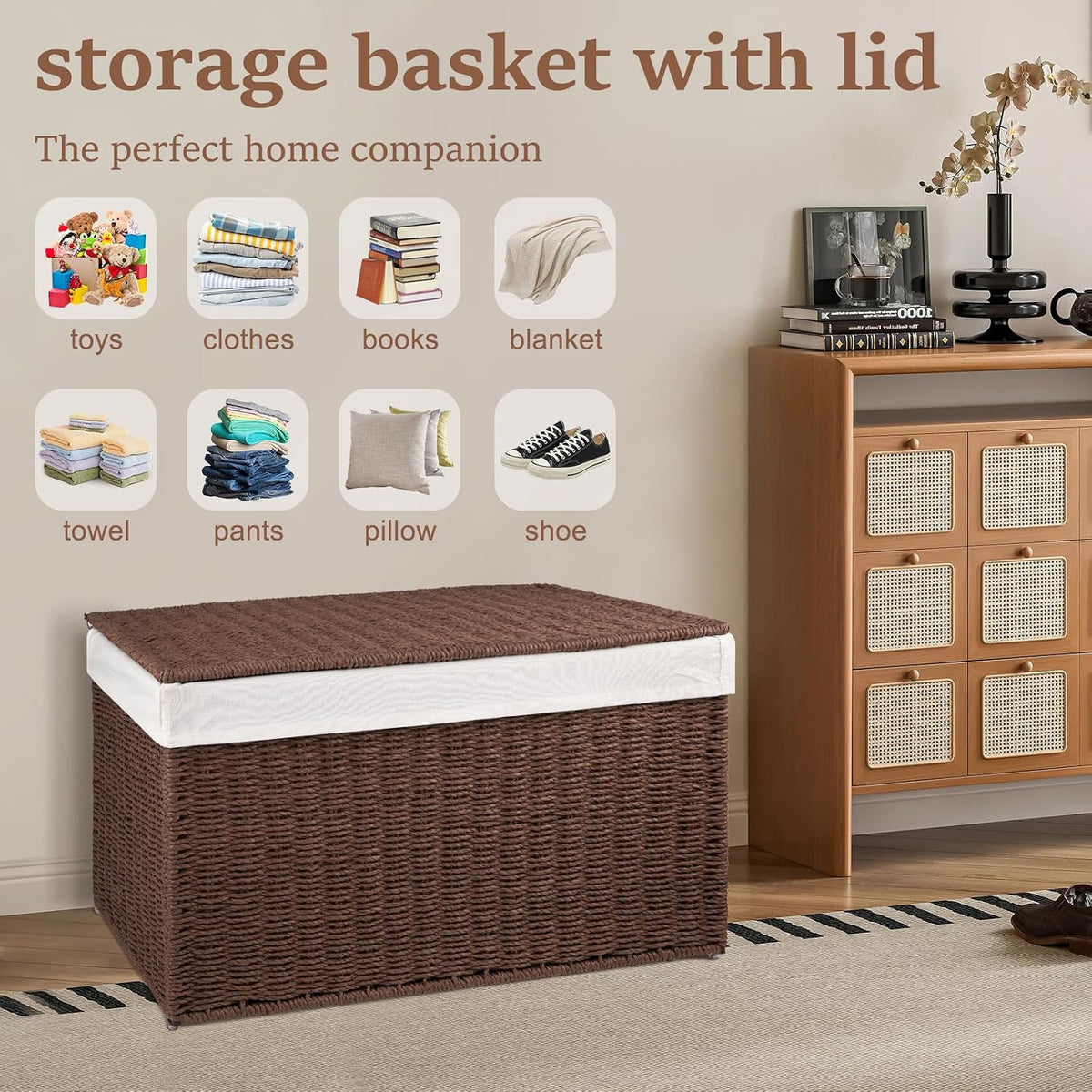 OIAHOMY Storage Basket with Lid, 27.7 Gallon (105L) Blanket Basket with Removable Separated Liner Bag, Paper Rope Hamper with Handle, Foldable, Shelf Basket for Living Room, Grey